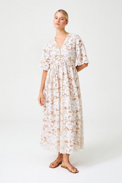 Jus De Pommes BEYAZ BEJ BRODE DANTELLİ UZUN ELBİSE