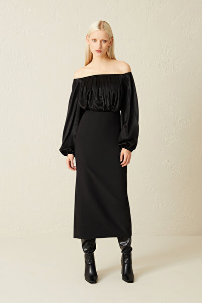 Jus De Pommes SİYAH MADONNA YAKA BÜZGÜLÜ MİDİ BOY ELBİSE