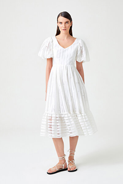 Jus De Pommes BEYAZ ORGANZE KISA BALON KOLLU MİDİ BOY ELBİSE