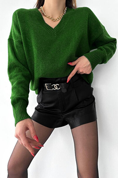 FEMELLE Women's Green V-Neck Standard Size Oversize Basic Knitwear Sweater