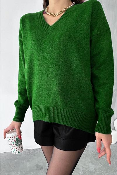 FEMELLE Pulover de damă, verde, cu decolteu în V, mărime standard, supradimensionat, tricotaj de bază