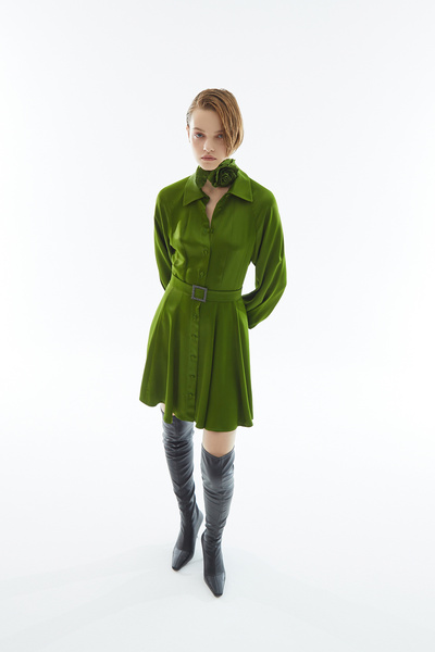 Jus De Pommes Yeşil Pensli Kemerli Mini Gömlek Elbise