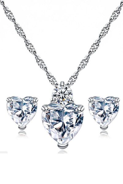 Chavin Silver Door Heart & Single Stone Necklace & Earring Set - Dn82By