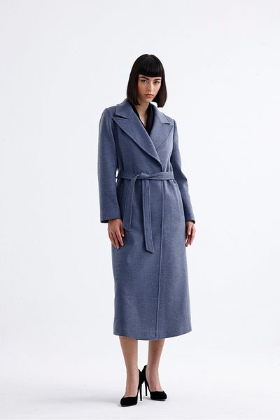 PEARL Gray Long Stamp Coat for Women - Double Breasted Lapel and Belt, Fashionable Elegant Design, Winter and Outerwear