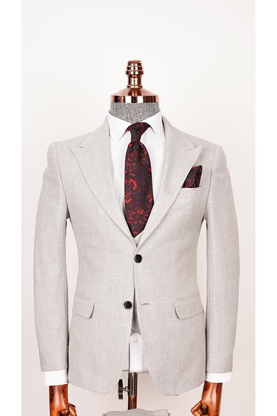 echol Light Gray Slim Fit Men's Suit - Cut-Out Checked Vest