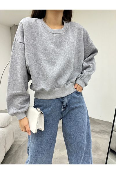 BİKELİFE Graues Oversize-Kurz-Sweatshirt für Damen