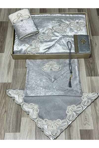 AYHANHOME 6 Piece Velvet French Laced Dowry Package Boxed Prayer Rug Set Bride Groom Set