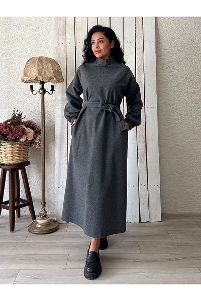 KÜÇÜĞÜM BUTİK Long Anthracite Casual Stamp Dress