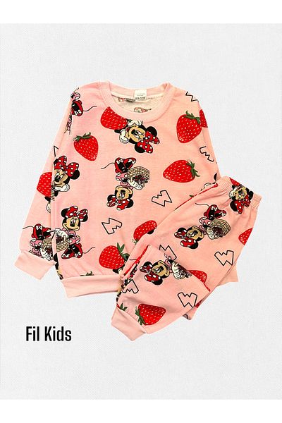 Fil Kids Girl's 100% Cotton Raster Mickey Strawberry Print Pink Long Sleeve Pajamas Set