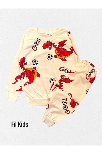 Fil Kids Set de pijamale cu mânecă lungă, 100% bumbac, galben și roșu, cu model de dinozaur