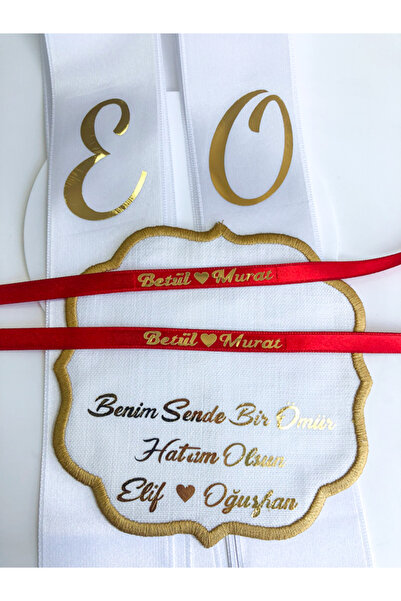imzatasarım Üçlü Gold Söz Nişan Seti İsimli Nişan Kurdelesi Damat Peçetesi Ta...