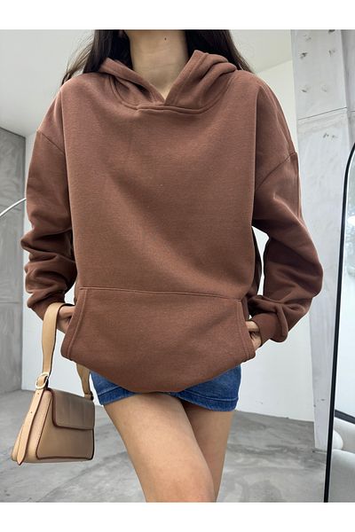 BİKELİFE Braunes Oversize-Kapuzensweatshirt mit drei Fäden für Damen in Roségold