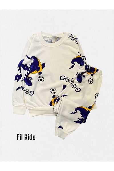 Fil Kids Set de pijamale cu mânecă lungă, 100% bumbac, galben, bleumarin, cu model de dinozaur, pentru băiat