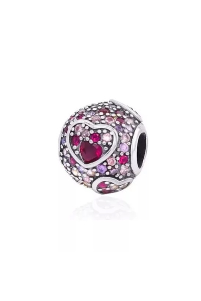 Fubena Mor Taşlı Kalpli Yuvarlak Gümüş Charm