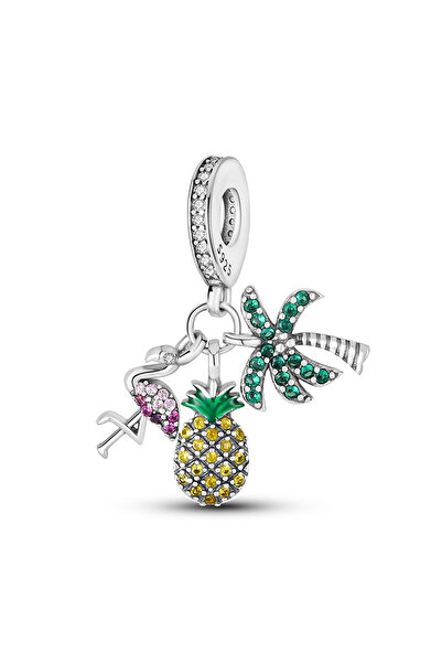 Fubena Ananas, Palmiye Ve Flamingo Sallantılı Gümüş Charm