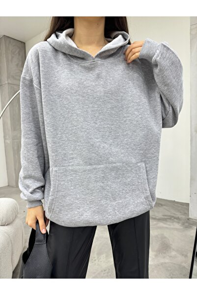 BİKELİFE Women's Gray Oversize Rose Gold Three Thread Hooded Sweatshirt