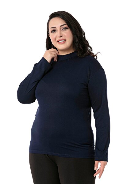 DISENTIS MODEST Large Size Half Fisherman Long Sleeve Viscose Navy Blue Body