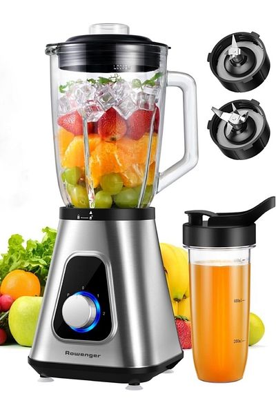Rowenger 1.5Lt Inox Smoothie Blender - 600ml Personal Blender with 2in1 Glass Bowl and Jug