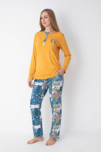 SENFONİ HOMEWEAR Hardal/Mavi Desenli Uzun Kol Pijama Takımı