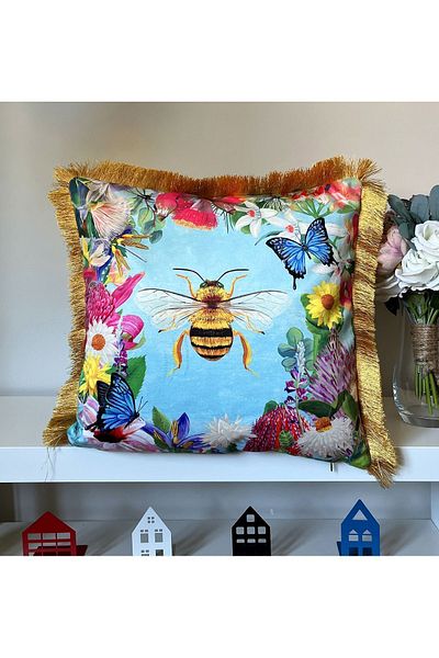 DECO Velvet Throw Pillow - Digital Printed, Fringed, Water Colored, Bee and Flower Twill Pattern