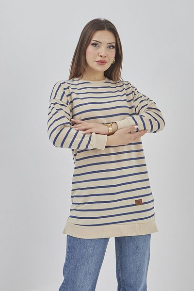 Fresh&Moda Hanorac de damă, sezonier, cu dungi, cu gâtul turn, tunică
