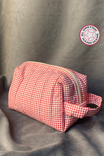 Uretti - Petek 7523 El Yapımı Kırmızı Pötikareli Makyaj / Bakım Çantası