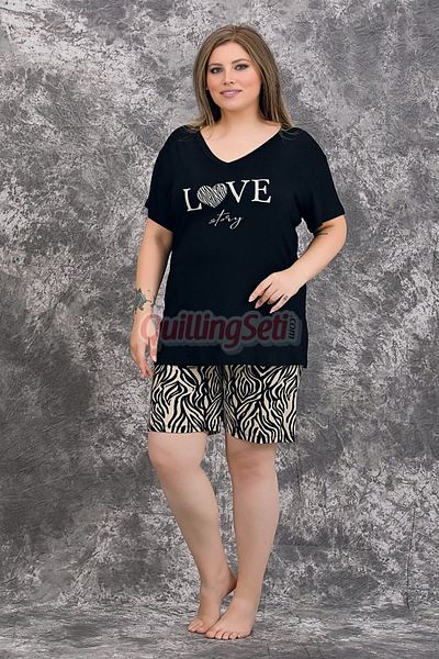 quilling Black Color Zebra Patterned Large Size 10422 Women's Shorts Mother Pajama Set