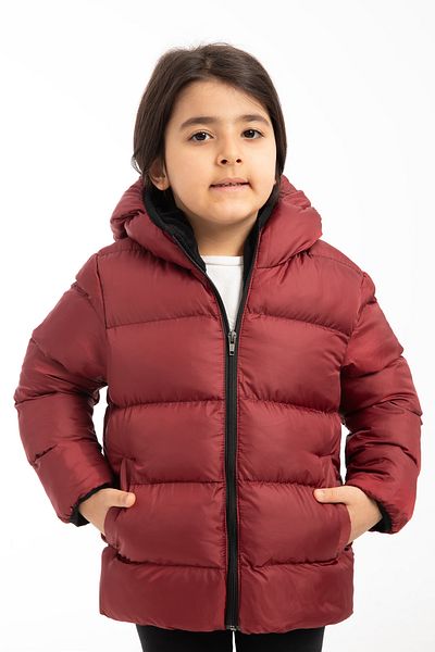Montup Girl's Red Fleece Hooded Wind Resistant Inflatable Winter Jacket with Pockets