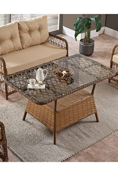 Evdemo Breda Rattan Örgü Bahçe Balkon Takımı 2+1+1 Cam Masalı Kahve