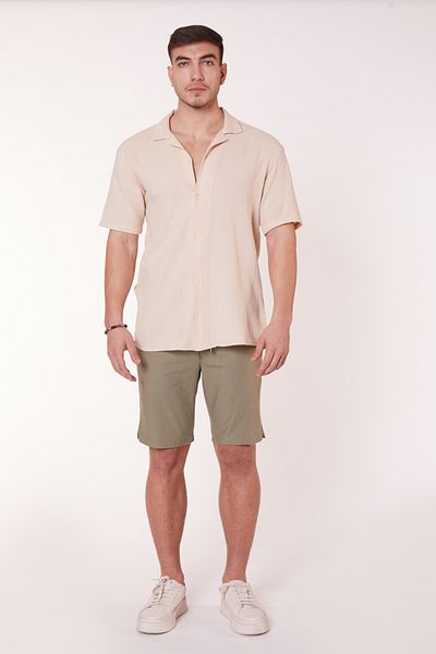 BRACCAS Khaki Men's Jogger Shorts - Cotton, Linen Blend, Slim Fit, Elastic Waist and Laced