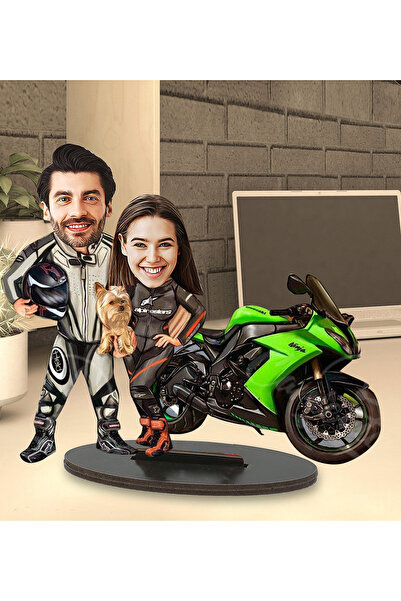Fotomcity Kişiye Özel Fotoğraflı Motorcu Çift Tasarımlı Karikatür Biblo