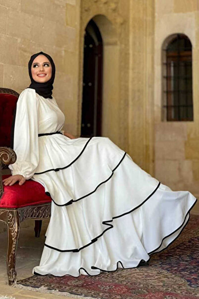 Bym Fashion Ecru Fold Detailed Waist Belted Dress 6029