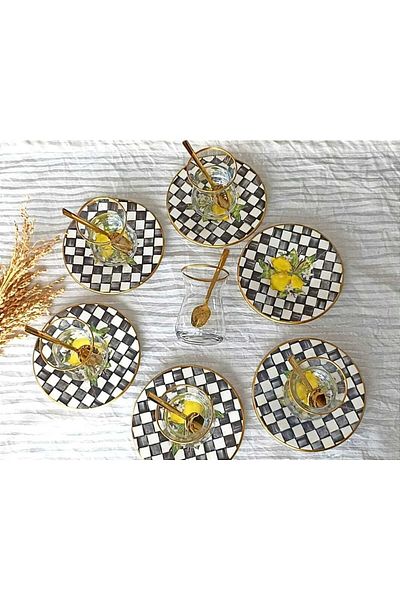 Miss Betty Lemon 12 Piece Checkerboard Stonaware Tea Set Breakfast Presentation Plate