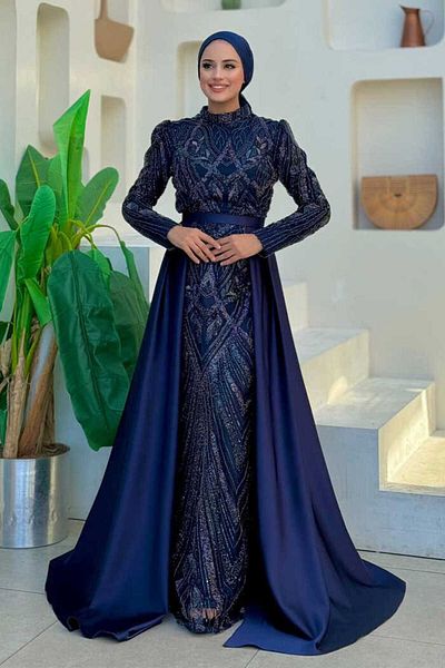 Bym Fashion Navy Blue 7025 Model Evening Dress - Tail Detail