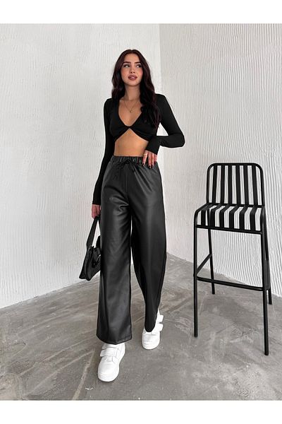 JUST MAY Pantaloni negri din piele plazzo cu șireturi cu talie elastică