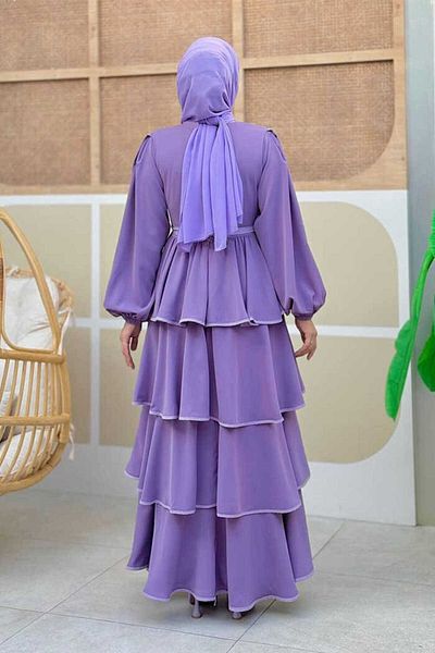 Bym Fashion Lilac Floor Detailed Waist Belted Dress 6029