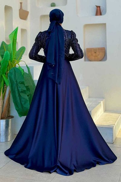 Bym Fashion Navy Blue 7025 Model Evening Dress - Tail Detail