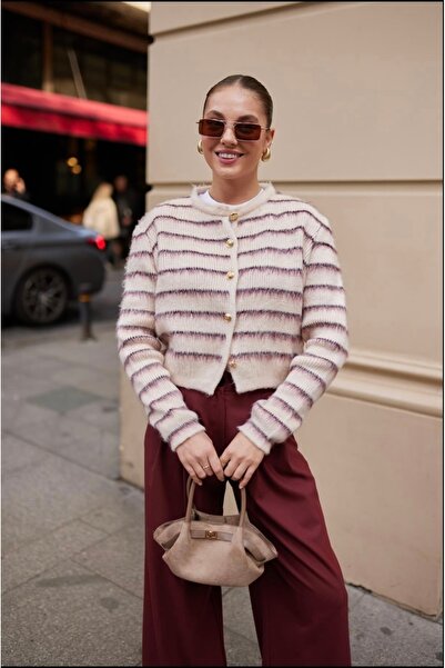 Zey Studio Γυναικείο μπουφάν ζακέτα με λεπτομέρεια σε μπορντό κρεμ ριγέ με χρ...