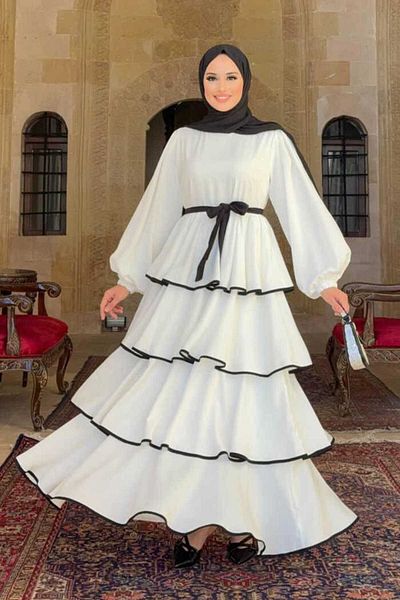 Bym Fashion Ecru Fold Detailed Waist Belted Dress 6029