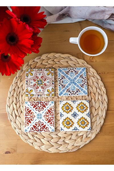 arslart Osmanlı ve Çini Desenli Doğal Taş Bardak Altlığı - El Yapımı 4'lü Set