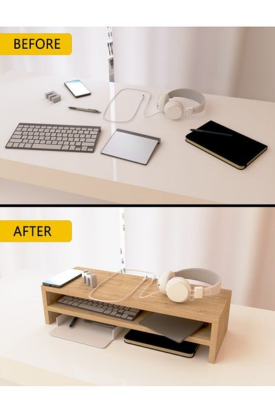 Mahmayi Wooden Riser Monitor Stand with 2 Tier Storage Shelf, Monitor Stand for Home-NATURAL DAVOS OAK