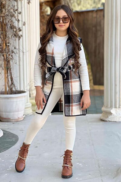 Riccotarz Vestă cu model în carouri pentru fete, cu mânecă lungă, pulover din bumbac, set de colanți albe