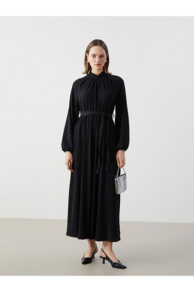 LC Waikiki Lcw Modest Black Stand Collar Textured Women's Dress