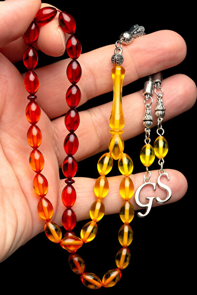 OTTOTESBİH Men's Gift Yellow Red Barley Cut Powder Amber Prayer Beads