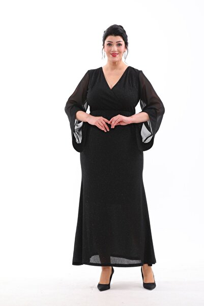 IŞILTI ABİYE ESNEK SİMLİ ASİMMETRİK KOL BALIK KALIP UZUN BÜYÜK BEDEN ABİYE EL...