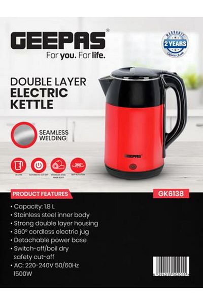 Geepas 1.8 L Double Layer Electric Kettle-  360-Degrees Rotation| 1500 W, Black and Red Color|