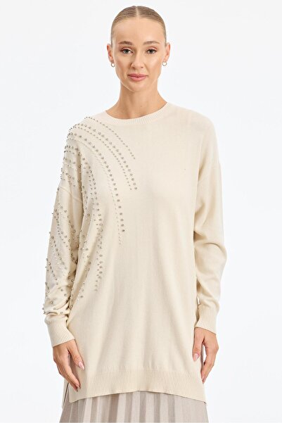 Tığ Triko Omuzu Ve Kolu Taş Detaylı Tunik VANİLYA