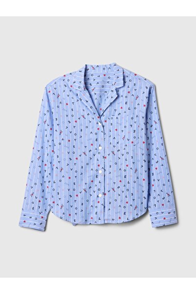 GAP Kadın Mavi Poplin Oversized Pijama Üstü