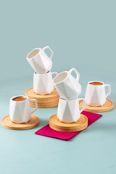 Porsima 12 Piece Turkish Coffee Porcelain Cup Set for 6 People with Mimosa Bamboo Plate