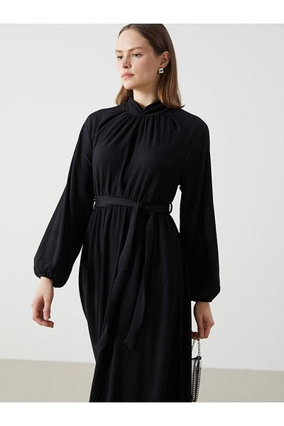 LC Waikiki Lcw Modest Black Stand Collar Textured Women's Dress